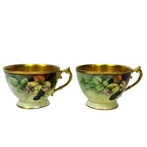 T&V Limoges France Gilded Floral Rose Teacups-Set of 2